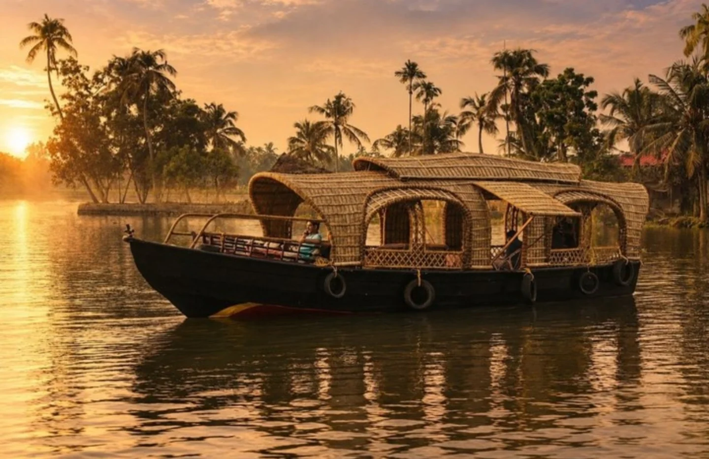 A traditional houseboat on the backwaters at sunset