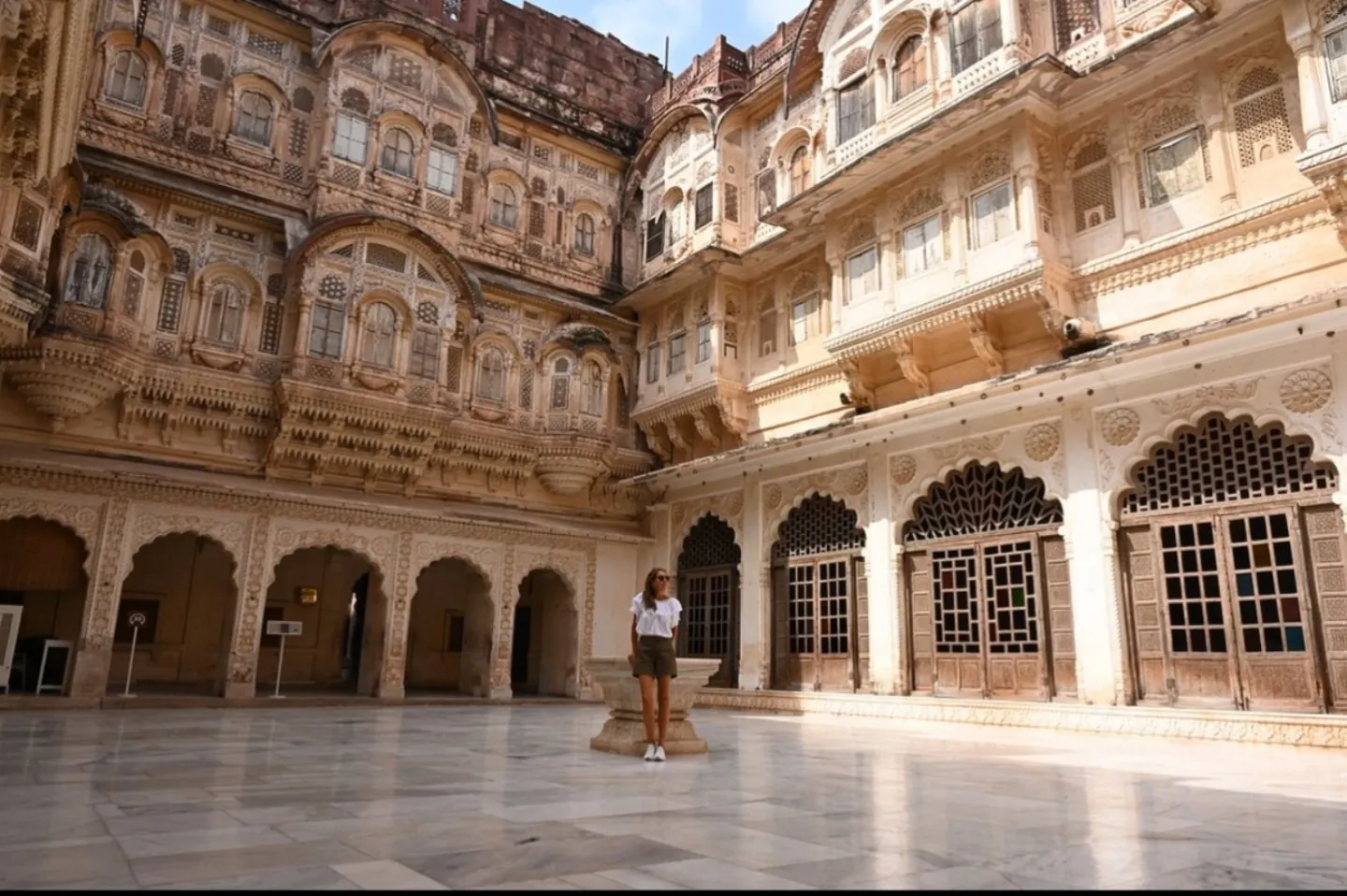 Carved windows and balconies in a heritage courtyard