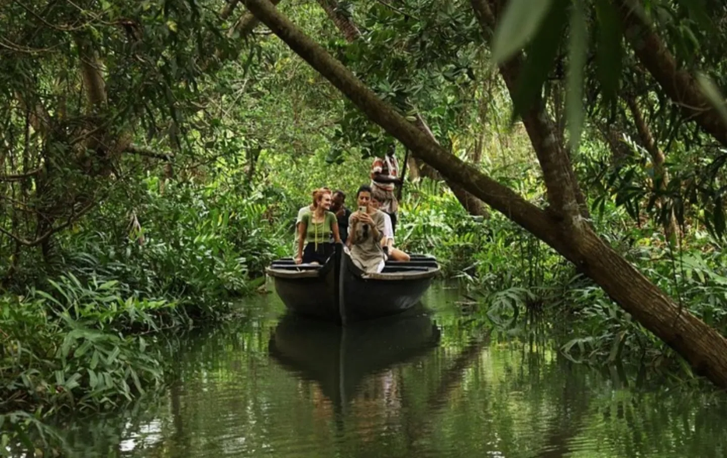 Travellers on a canoe beneath trees in Kerala