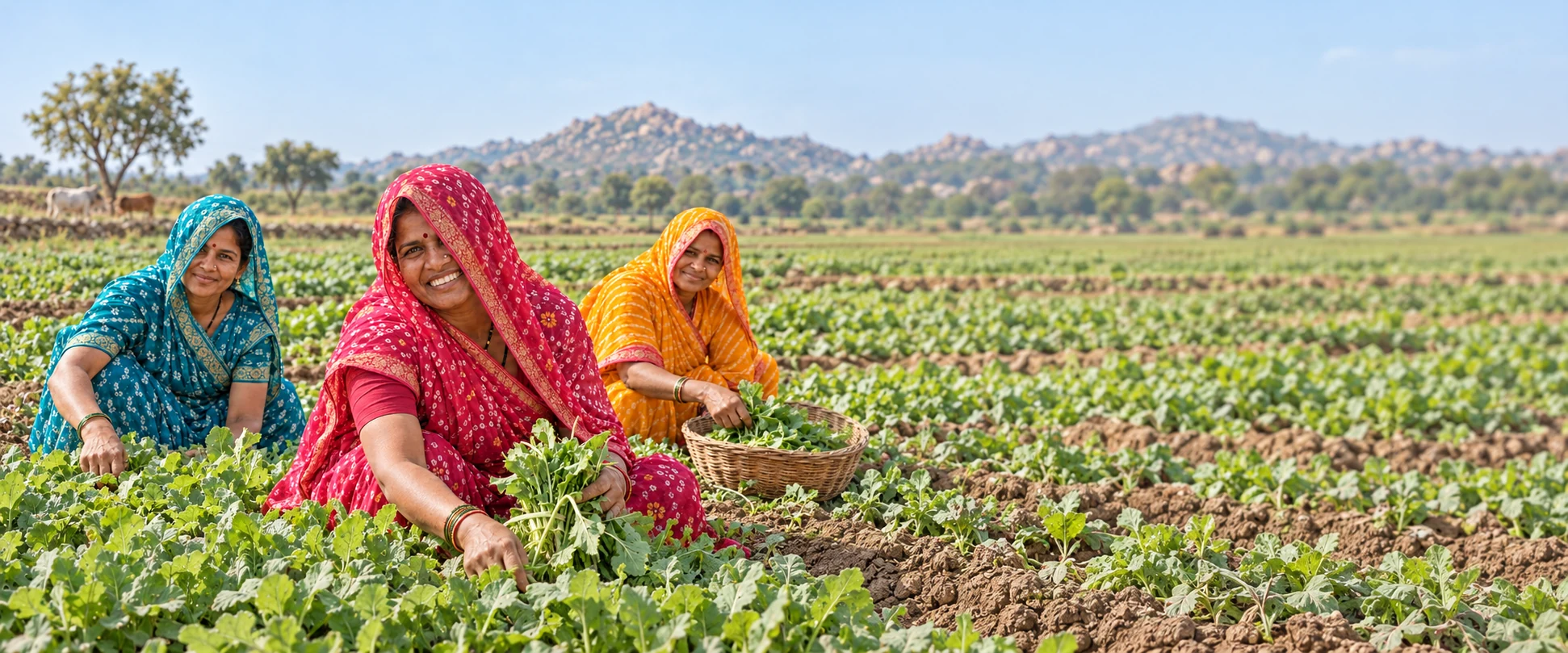 Three women in colourful Rajasthani sarees gathering greens in a field
